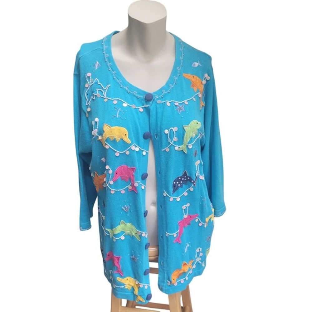 The Quacker Factory Dolphin Sweater Cardigan‎ L Sequin Beaded